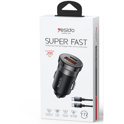 Yesido Y72 1 Adet 30W Type C ve 1 Adet 30W USB Çıkışlı PD Hızlı Araç Şarj Cihazı - Siyah