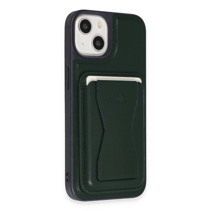 HDD Apple iPhone 15 Kılıf HD Deri Luxury Magnet Kartvizitli Kapak - Koyu Yeşil