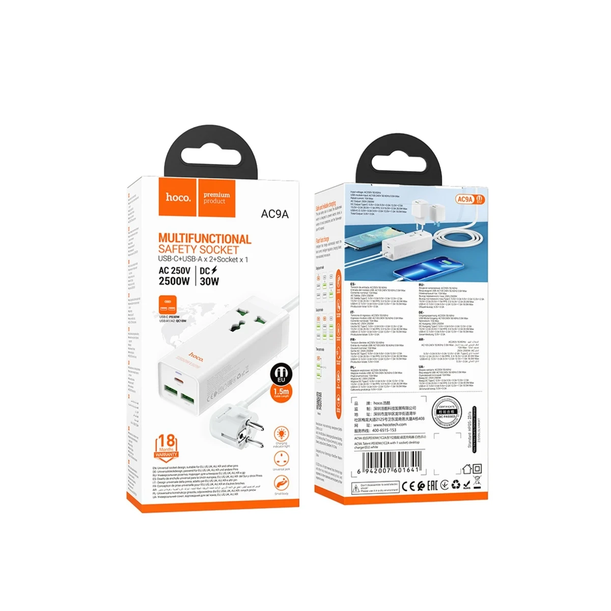 Hoco. AC9A 1.5M Talent 2 Adet USB 1 Adet Type-C 1 Adet Priz PD30W Şarj Aleti - Beyaz