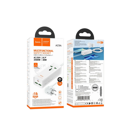 Hoco. AC9A 1.5M Talent 2 Adet USB 1 Adet Type-C 1 Adet Priz PD30W Şarj Aleti - Beyaz