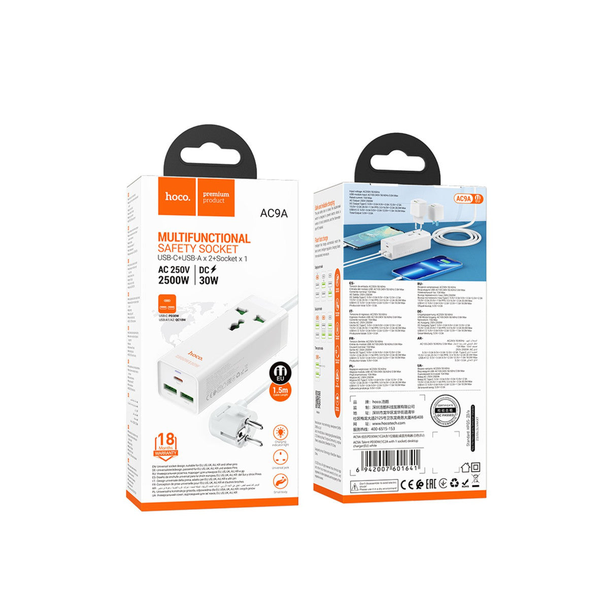 Hoco. AC9A 1.5M Talent 2 Adet USB 1 Adet Type-C 1 Adet Priz PD30W Şarj Aleti