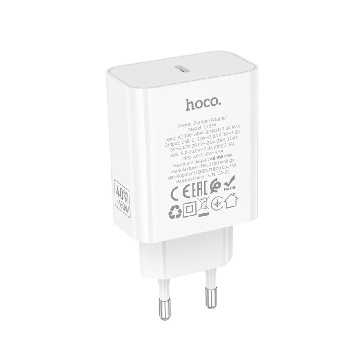 Hoco. C162A 40W PD Destekli Type-C Tek Port EU Şarj Adaptörü