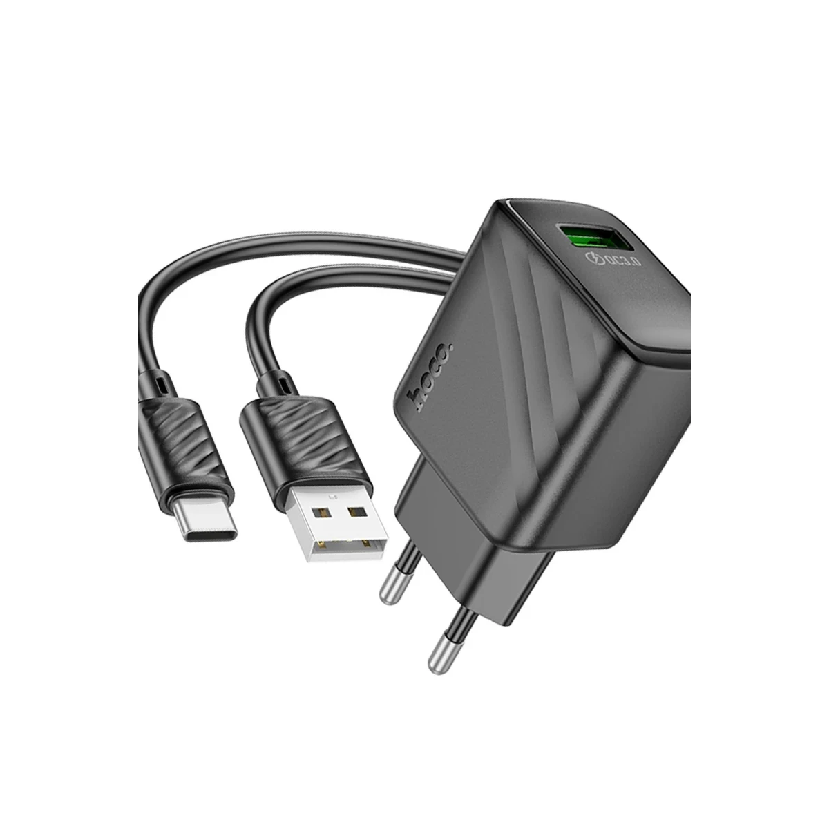 Hoco. CS21A Rich 18W USB 3.0 QC Çıkışlı Ekstra USB to Type-C Kablolu Hızlı Şarj Aleti - Siyah