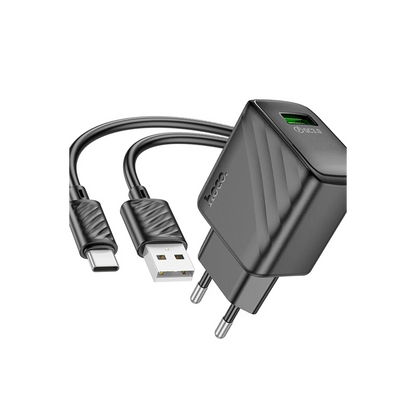 Hoco. CS21A Rich 18W USB 3.0 QC Çıkışlı Ekstra USB to Type-C Kablolu Hızlı Şarj Aleti - Siyah