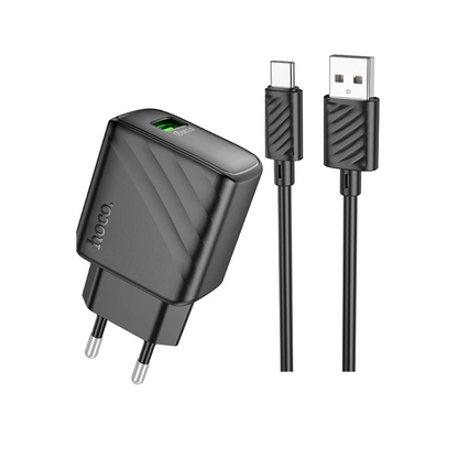 Hoco. CS21A Rich 18W USB 3.0 QC Çıkışlı Ekstra USB to Type-C Kablolu Hızlı Şarj Aleti - Siyah