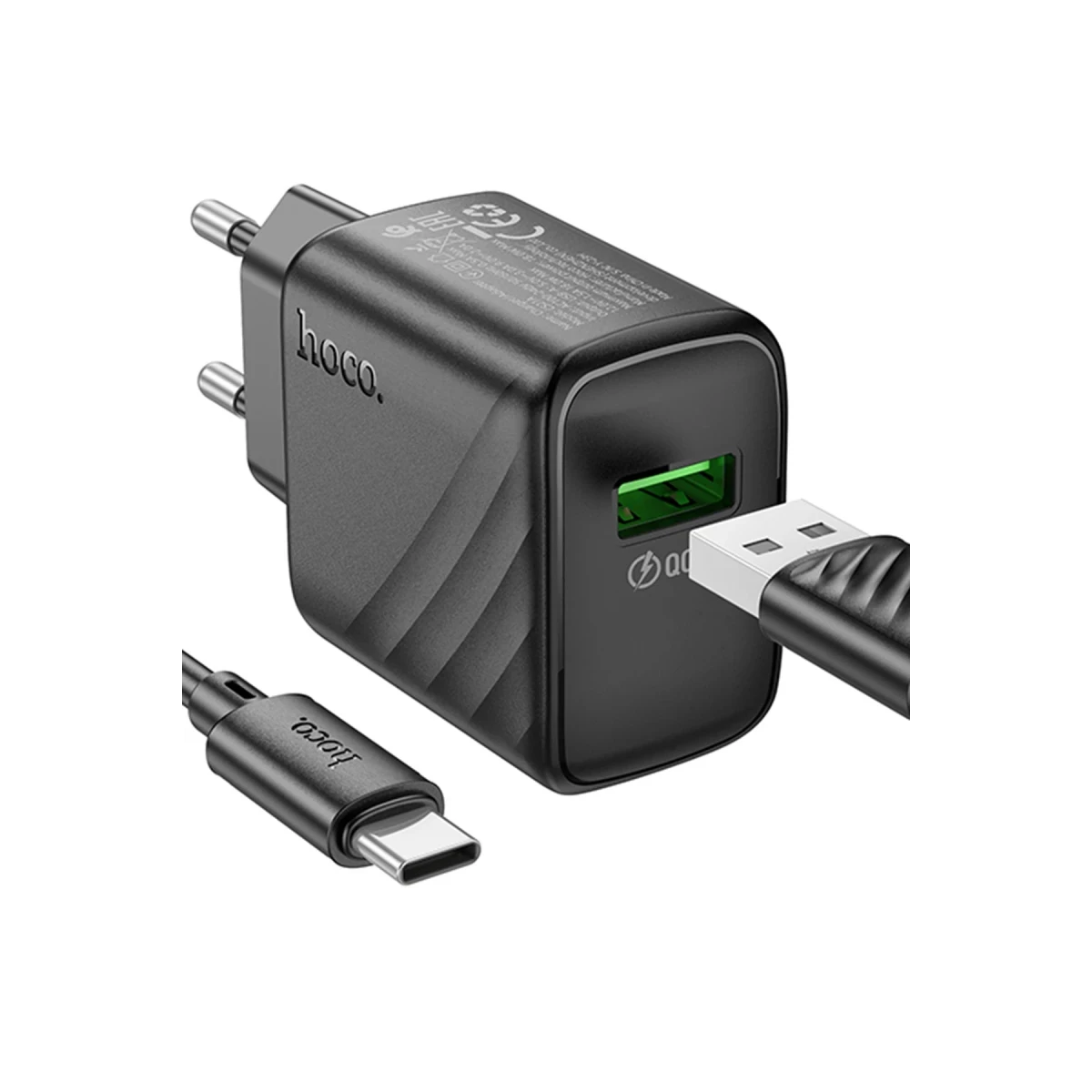 Hoco. CS21A Rich 18W USB 3.0 QC Çıkışlı Ekstra USB to Type-C Kablolu Hızlı Şarj Aleti - Siyah