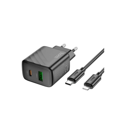 Hoco. CS23A Sunlight 30W 1 Adet Type-C ve 1 Adet USB 3.0 QC Çıkışlı Ekstra Type-C to Lightning Kablolu PD Hızlı Şarj Aleti - Siyah