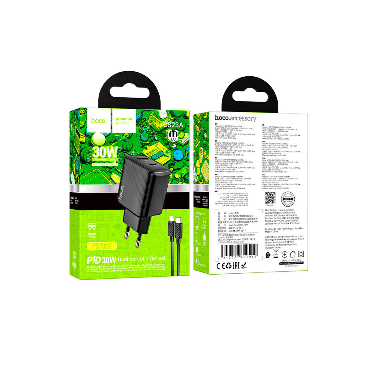 Hoco. CS23A Sunlight 30W 1 Adet Type-C ve 1 Adet USB 3.0 QC Çıkışlı Ekstra Type-C to Lightning Kablolu PD Hızlı Şarj Aleti