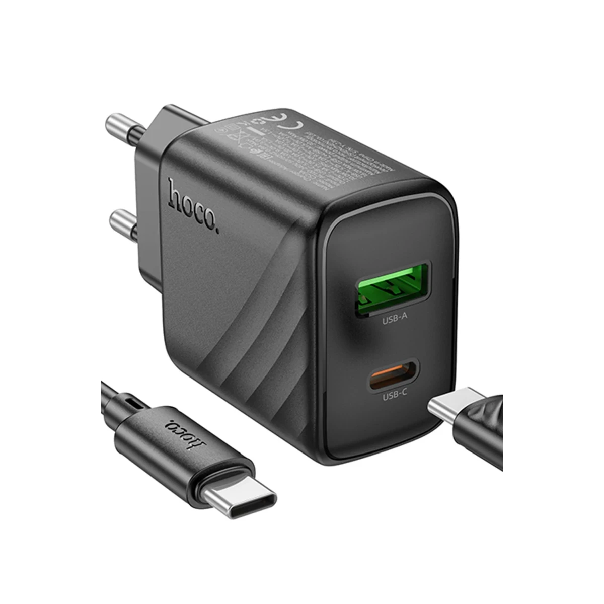 Hoco. CS23A Sunlight 30W 1 Adet Type-C ve 1 Adet USB 3.0 QC Çıkışlı Ekstra Type-C to Type-C Kablolu PD Hızlı Şarj Aleti - Siyah