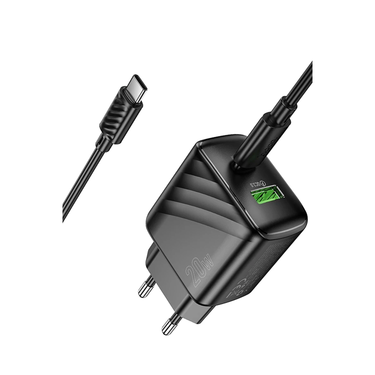 Hoco. CS25A Rico 20W 1 Adet Type-C ve 1 Adet USB 3.0 QC Çıkışlı Ekstra Type-C to Type-C Kablolu PD Hızlı Şarj Aleti - Siyah