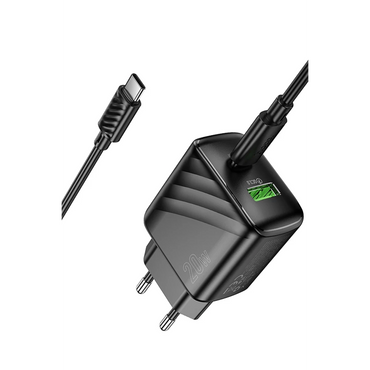 Hoco. CS25A Rico 20W 1 Adet Type-C ve 1 Adet USB 3.0 QC Çıkışlı Ekstra Type-C to Type-C Kablolu PD Hızlı Şarj Aleti - Siyah
