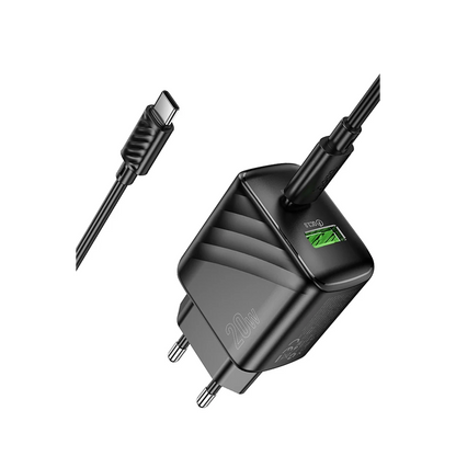 Hoco. CS25A Rico 20W 1 Adet Type-C ve 1 Adet USB 3.0 QC Çıkışlı Ekstra Type-C to Type-C Kablolu PD Hızlı Şarj Aleti - Siyah