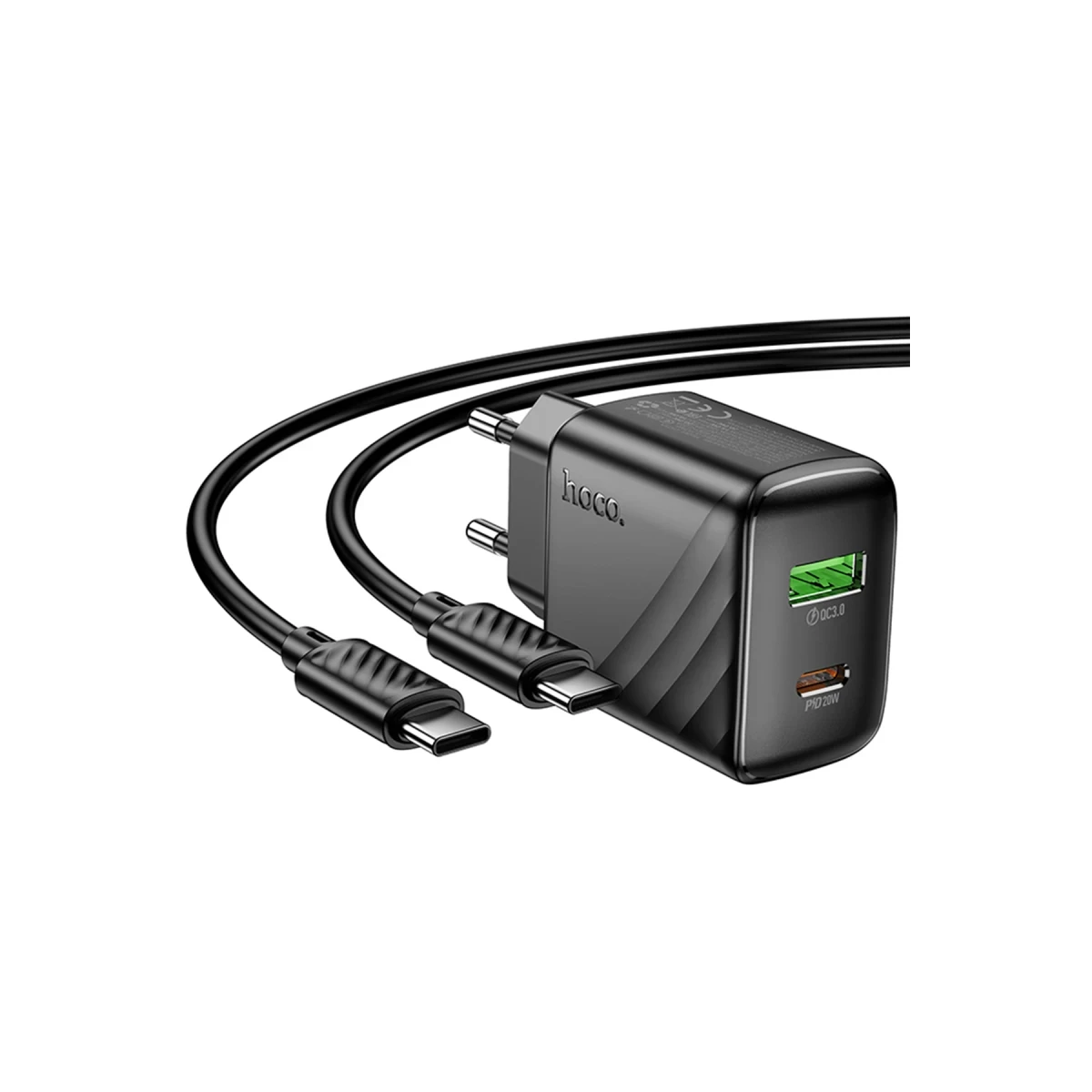 Hoco. CS25A Rico 20W 1 Adet Type-C ve 1 Adet USB 3.0 QC Çıkışlı Ekstra Type-C to Type-C Kablolu PD Hızlı Şarj Aleti - Siyah