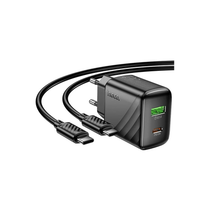 Hoco. CS25A Rico 20W 1 Adet Type-C ve 1 Adet USB 3.0 QC Çıkışlı Ekstra Type-C to Type-C Kablolu PD Hızlı Şarj Aleti - Siyah
