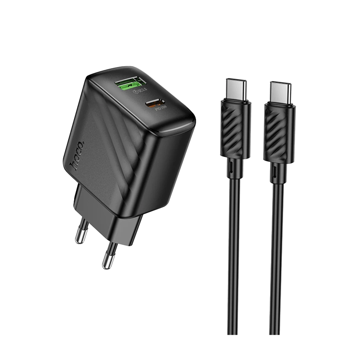 Hoco. CS25A Rico 20W 1 Adet Type-C ve 1 Adet USB 3.0 QC Çıkışlı Ekstra Type-C to Type-C Kablolu PD Hızlı Şarj Aleti - Siyah
