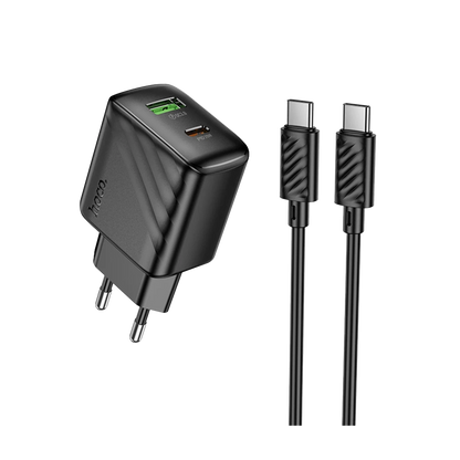 Hoco. CS25A Rico 20W 1 Adet Type-C ve 1 Adet USB 3.0 QC Çıkışlı Ekstra Type-C to Type-C Kablolu PD Hızlı Şarj Aleti - Siyah