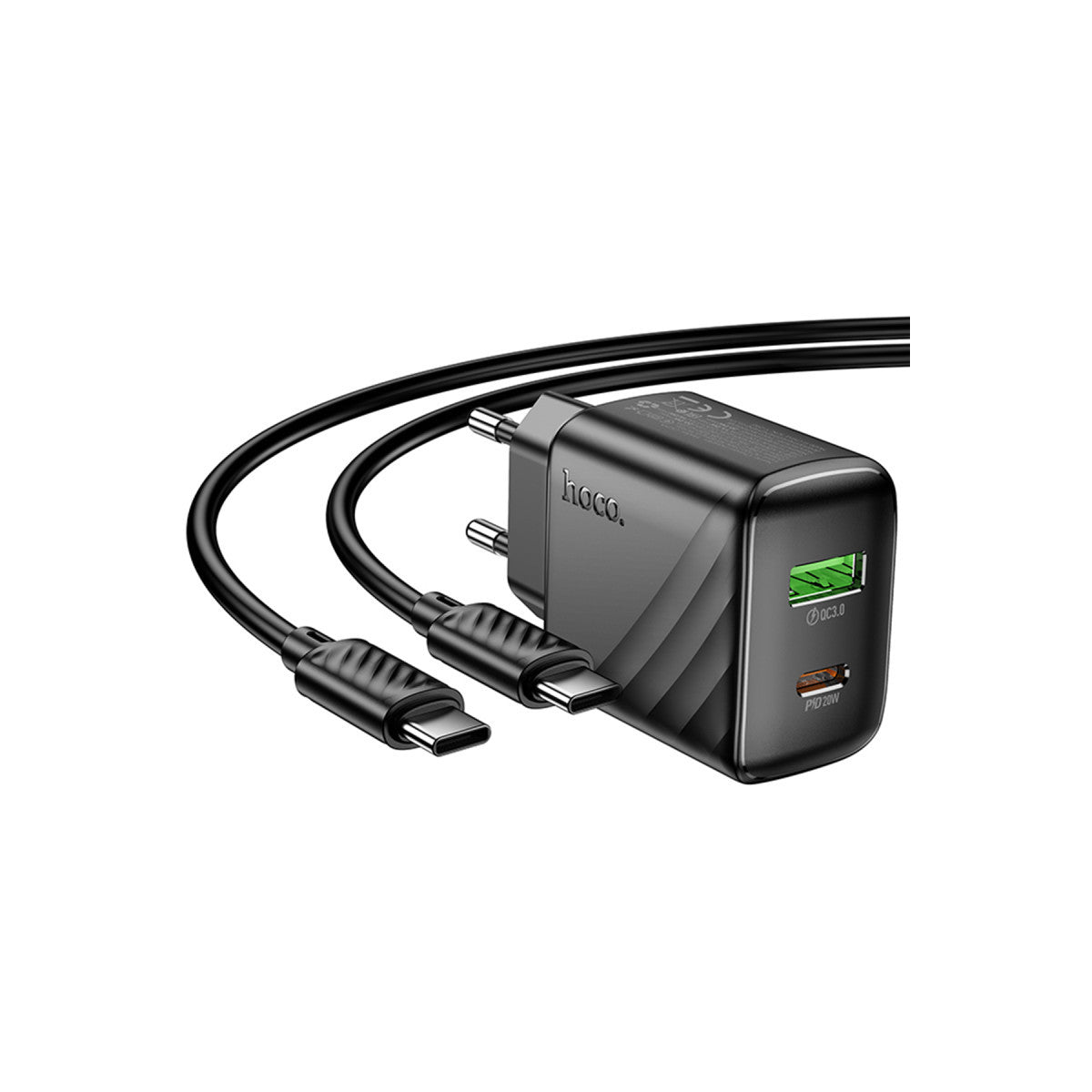 Hoco. CS25A Rico 20W 1 Adet Type-C ve 1 Adet USB 3.0 QC Çıkışlı Ekstra Type-C to Type-C Kablolu PD Hızlı Şarj Aleti