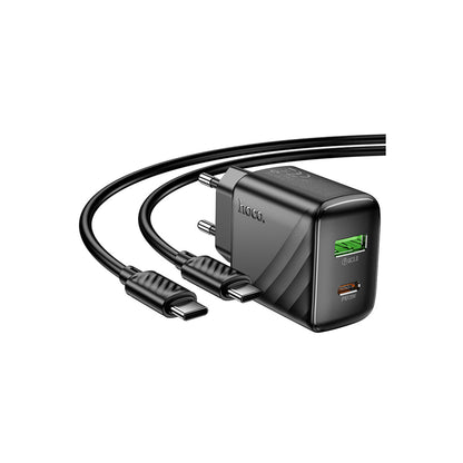 Hoco. CS25A Rico 20W 1 Adet Type-C ve 1 Adet USB 3.0 QC Çıkışlı Ekstra Type-C to Type-C Kablolu PD Hızlı Şarj Aleti