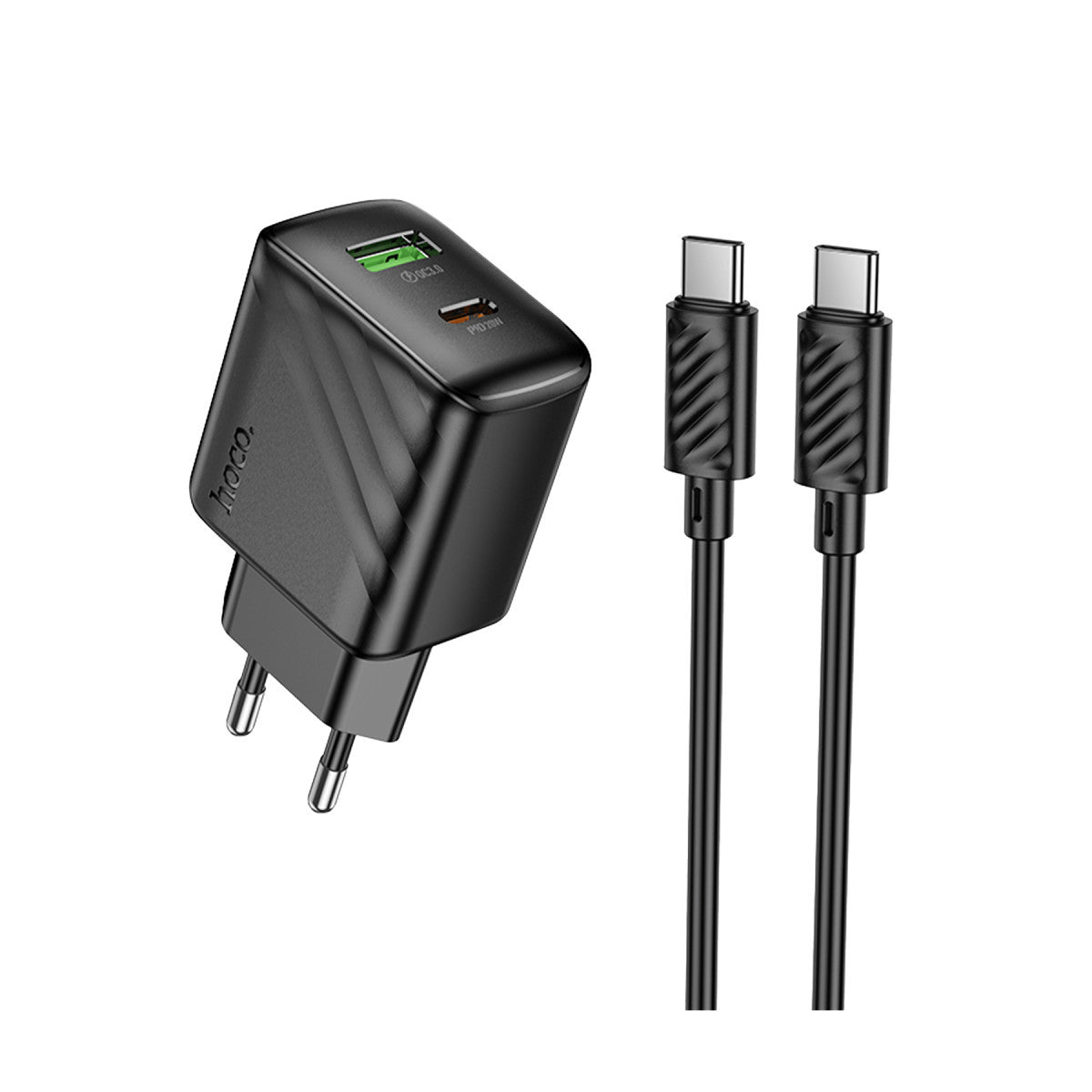Hoco. CS25A Rico 20W 1 Adet Type-C ve 1 Adet USB 3.0 QC Çıkışlı Ekstra Type-C to Type-C Kablolu PD Hızlı Şarj Aleti