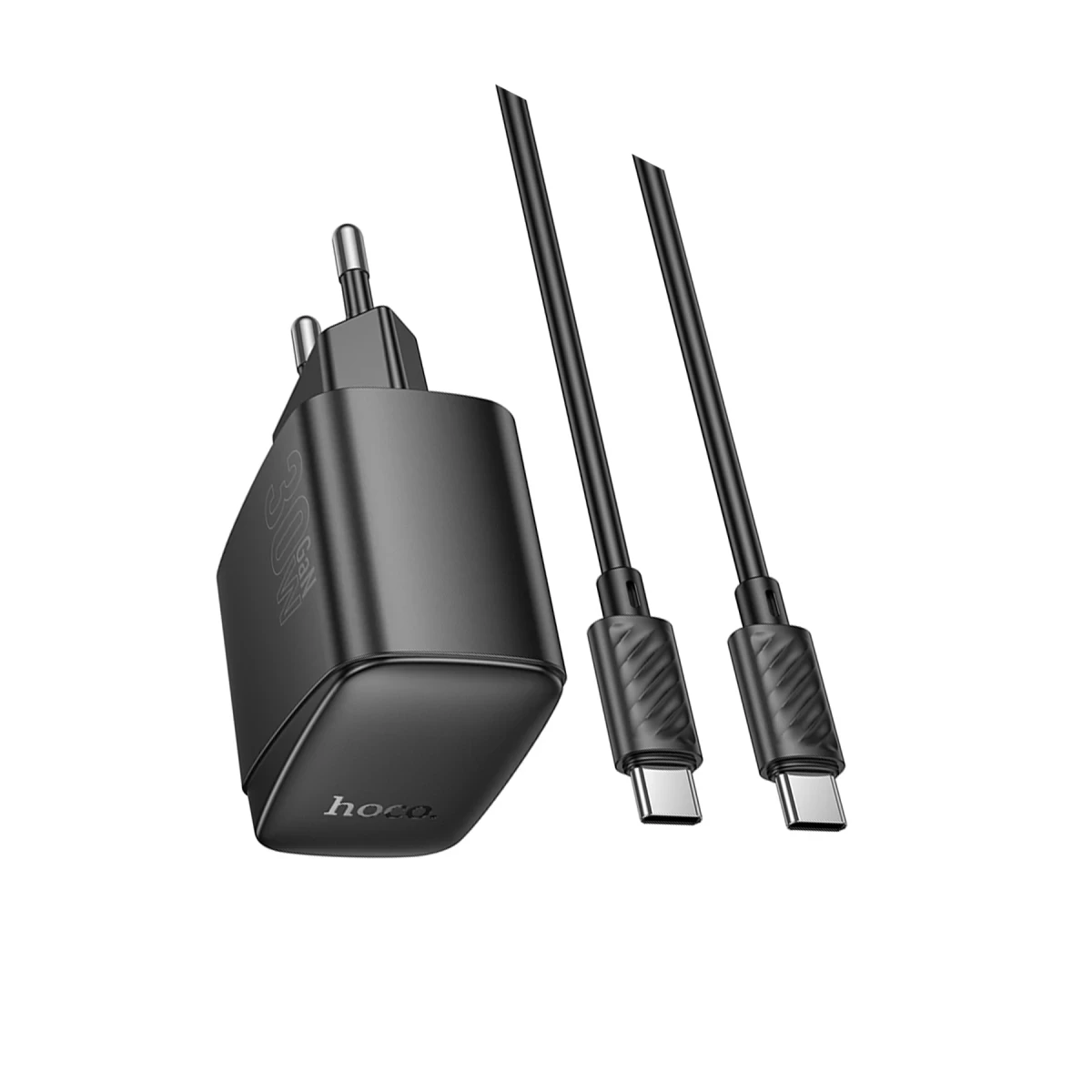Hoco. CS61A Bright 30W 1 Adet Type-C ve 1 Adet USB 3.0 QC Çıkışlı Ekstra Type-C to Type-C Kablolu PD Hızlı Şarj Aleti - Siyah