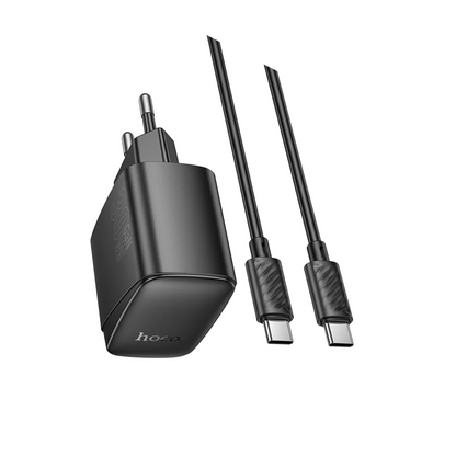Hoco. CS61A Bright 30W 1 Adet Type-C ve 1 Adet USB 3.0 QC Çıkışlı Ekstra Type-C to Type-C Kablolu PD Hızlı Şarj Aleti - Siyah