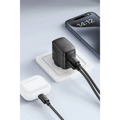 Hoco. CS61A Bright 30W 1 Adet Type-C ve 1 Adet USB 3.0 QC Çıkışlı Ekstra Type-C to Type-C Kablolu PD Hızlı Şarj Aleti - Siyah