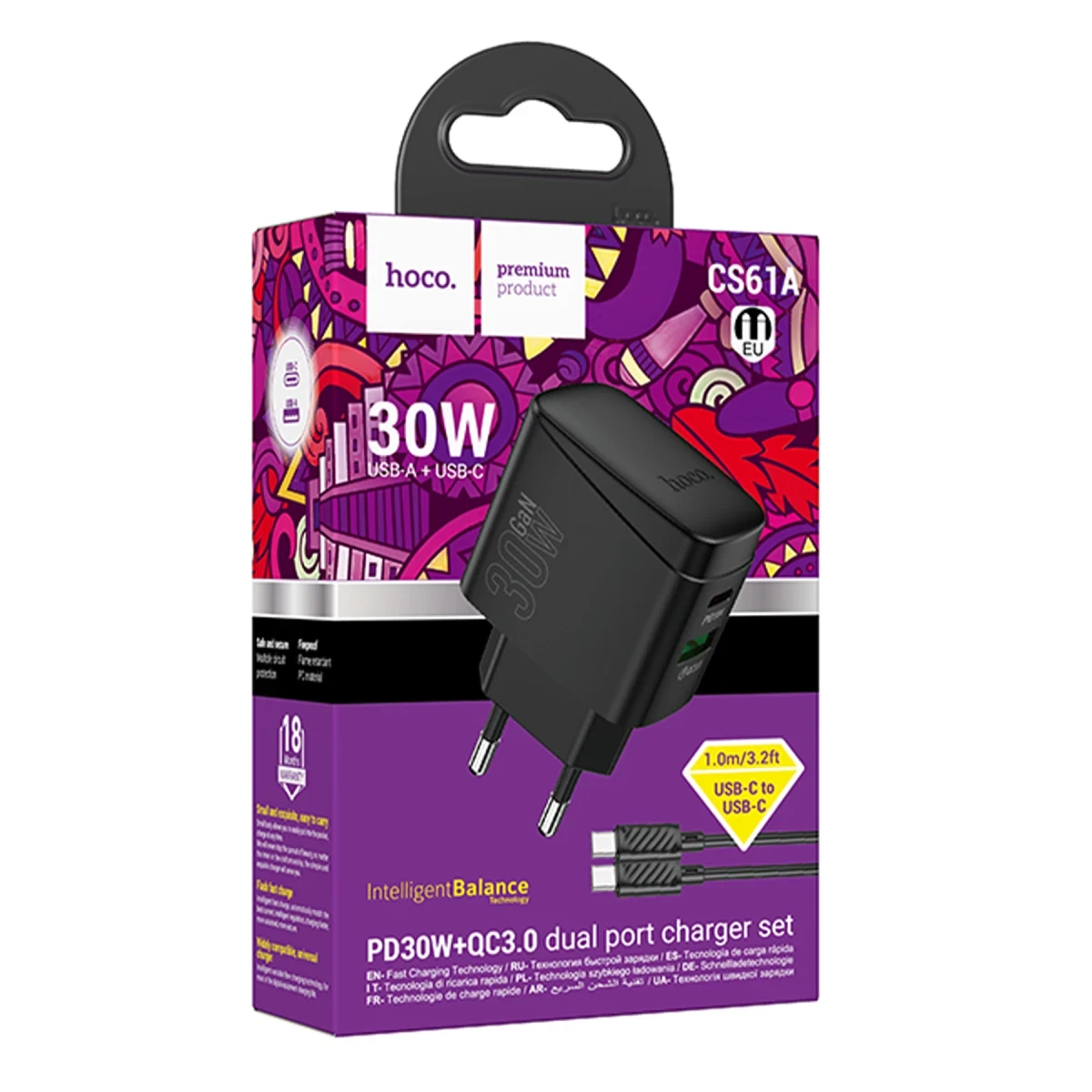Hoco. CS61A Bright 30W 1 Adet Type-C ve 1 Adet USB 3.0 QC Çıkışlı Ekstra Type-C to Type-C Kablolu PD Hızlı Şarj Aleti - Siyah