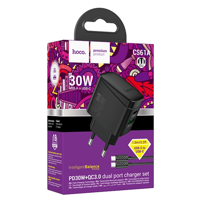 Hoco. CS61A Bright 30W 1 Adet Type-C ve 1 Adet USB 3.0 QC Çıkışlı Ekstra Type-C to Type-C Kablolu PD Hızlı Şarj Aleti - Siyah