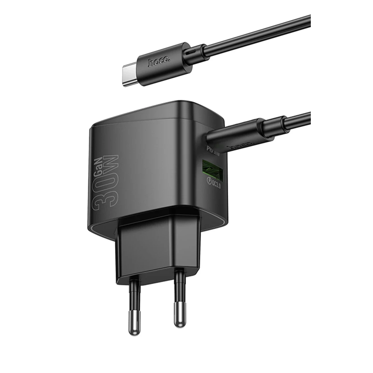 Hoco. CS61A Bright 30W 1 Adet Type-C ve 1 Adet USB 3.0 QC Çıkışlı Ekstra Type-C to Type-C Kablolu PD Hızlı Şarj Aleti - Siyah
