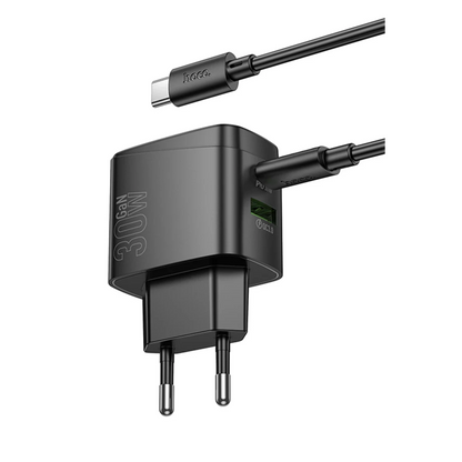 Hoco. CS61A Bright 30W 1 Adet Type-C ve 1 Adet USB 3.0 QC Çıkışlı Ekstra Type-C to Type-C Kablolu PD Hızlı Şarj Aleti - Siyah