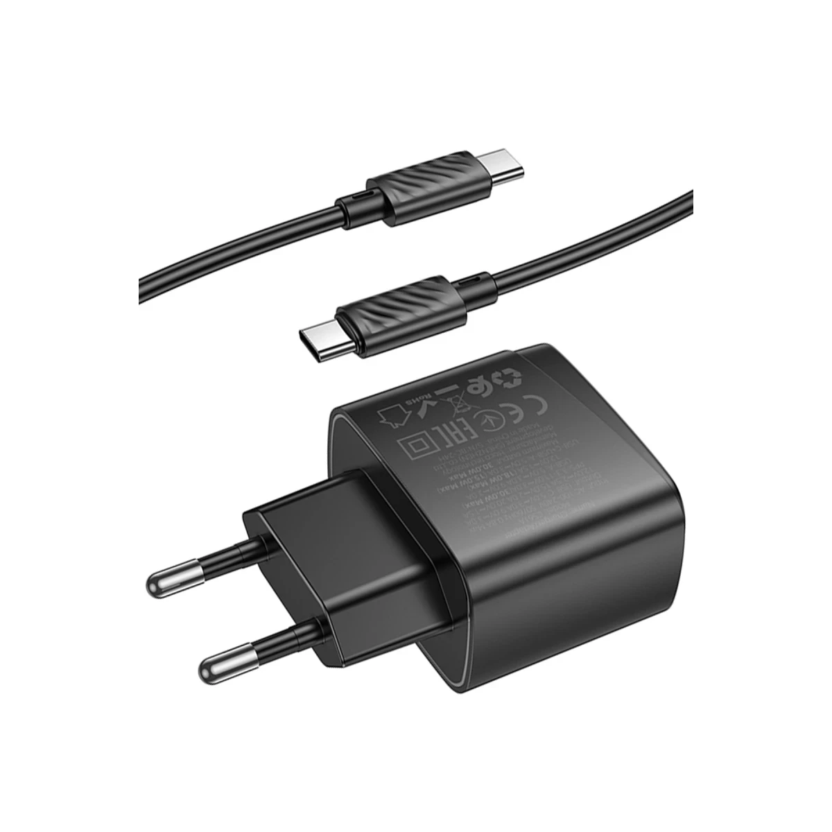 Hoco. CS61A Bright 30W 1 Adet Type-C ve 1 Adet USB 3.0 QC Çıkışlı Ekstra Type-C to Type-C Kablolu PD Hızlı Şarj Aleti - Siyah