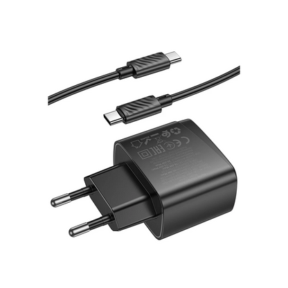 Hoco. CS61A Bright 30W 1 Adet Type-C ve 1 Adet USB 3.0 QC Çıkışlı Ekstra Type-C to Type-C Kablolu PD Hızlı Şarj Aleti - Siyah