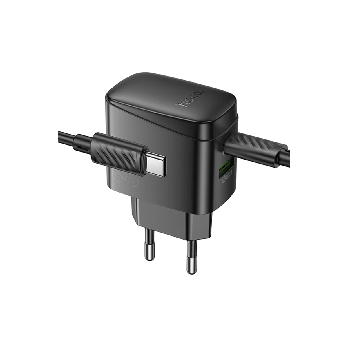 Hoco. CS61A Bright 30W 1 Adet Type-C ve 1 Adet USB 3.0 QC Çıkışlı Ekstra Type-C to Type-C Kablolu PD Hızlı Şarj Aleti - Siyah