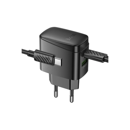 Hoco. CS61A Bright 30W 1 Adet Type-C ve 1 Adet USB 3.0 QC Çıkışlı Ekstra Type-C to Type-C Kablolu PD Hızlı Şarj Aleti - Siyah