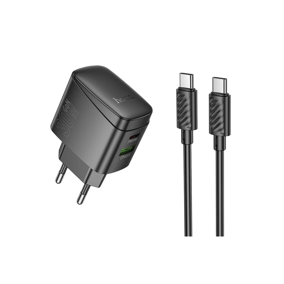 Hoco. CS61A Bright 30W 1 Adet Type-C ve 1 Adet USB 3.0 QC Çıkışlı Ekstra Type-C to Type-C Kablolu PD Hızlı Şarj Aleti - Siyah