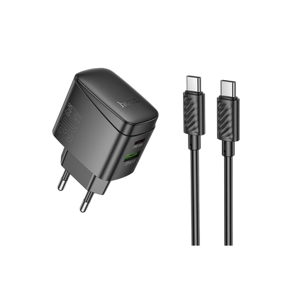 Hoco. CS61A Bright 30W 1 Adet Type-C ve 1 Adet USB 3.0 QC Çıkışlı Ekstra Type-C to Type-C Kablolu PD Hızlı Şarj Aleti - Siyah