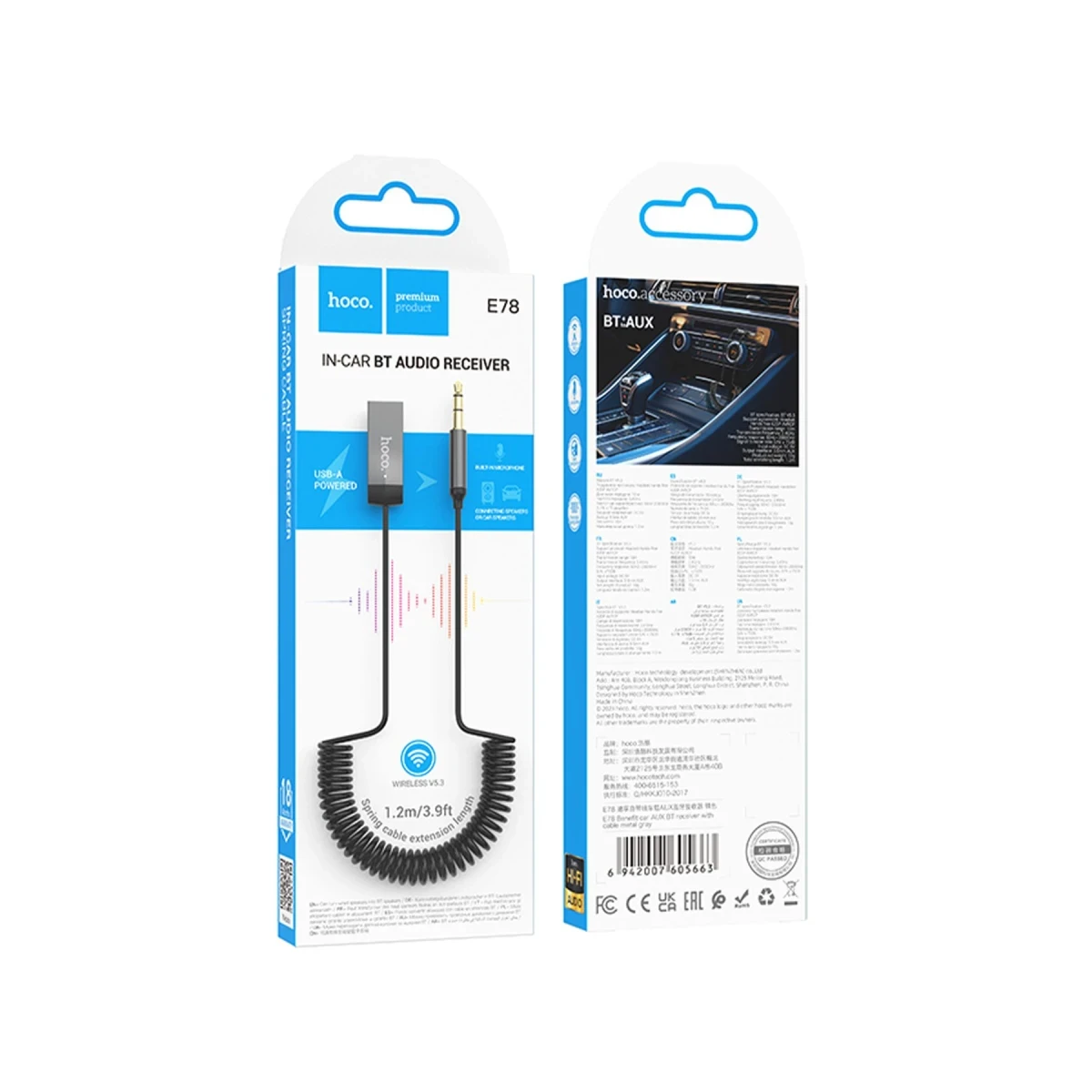 Hoco. E78 Tak Çalıştır BT Alıcılı 3.5mm Esnek Aux Kablo - Gri