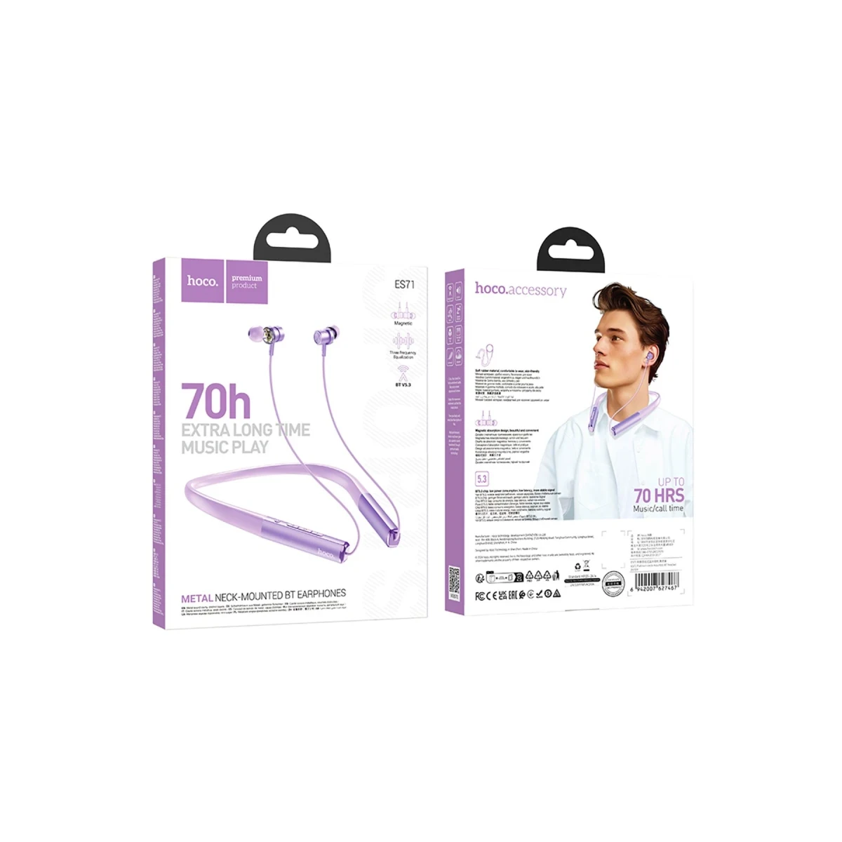Hoco. ES71 Platinum BT 5.3  Boyun Askı Özellikli Kablosuz Bluetooth Kulaklık - Mor