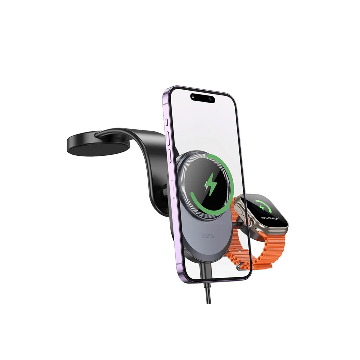 Hoco. HW28 Excelso Yapışkanlı 15W Kablosuz Şarj ve 2.5W Kablosuz Saat Şarj Destekli Magsafe Araç Tutucu - Siyah
