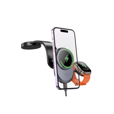 Hoco. HW28 Excelso Yapışkanlı 15W Kablosuz Şarj ve 2.5W Kablosuz Saat Şarj Destekli Magsafe Araç Tutucu - Siyah