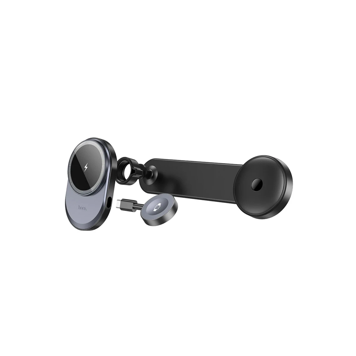 Hoco. HW28 Excelso Yapışkanlı 15W Kablosuz Şarj ve 2.5W Kablosuz Saat Şarj Destekli Magsafe Araç Tutucu - Siyah