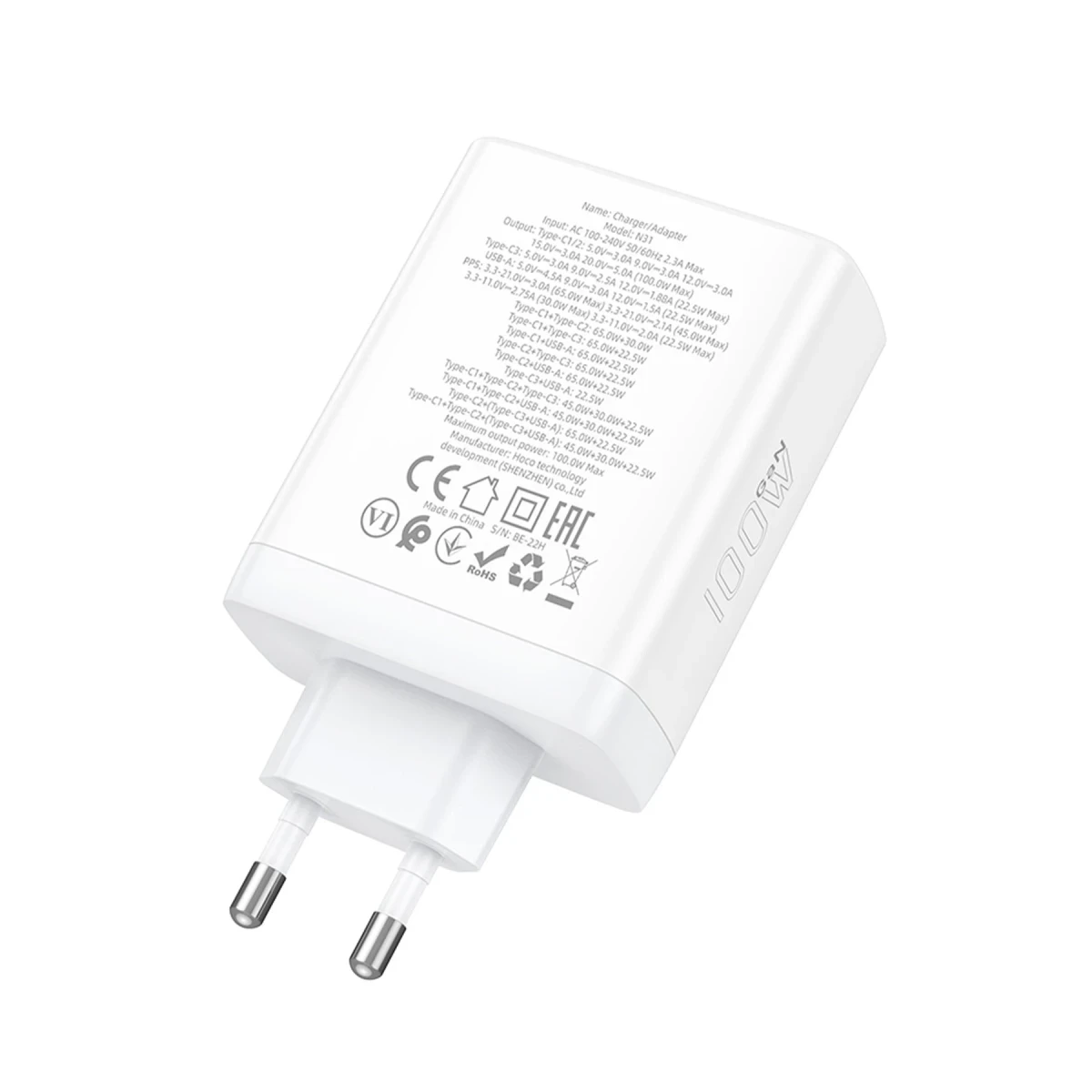 Hoco. N31 Leader PD 100W 3 Adet Type-C 1 Adet USB Şarj Aleti - Beyaz