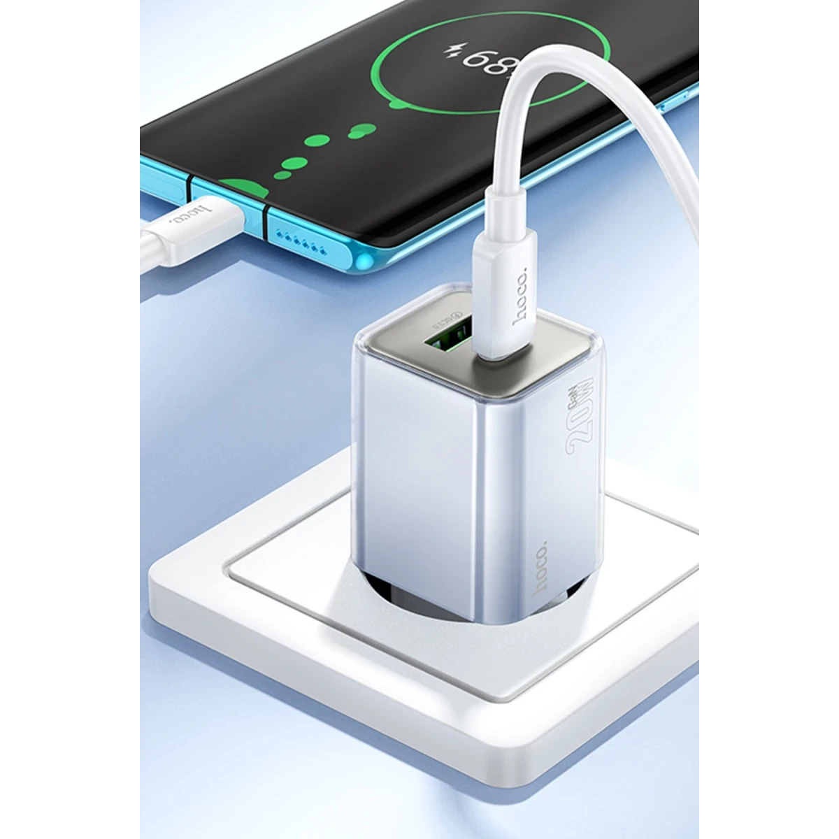 Hoco. N46 Glorious 1 Adet Type-C ve 1 Adet USB Çıkışlı Ekstra Type-C to Type-C Kablolu 20W PD Hızlı Şarj Aleti - Beyaz