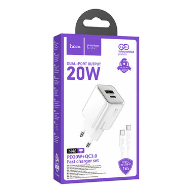 Hoco. N46 Glorious 1 Adet Type-C ve 1 Adet USB Çıkışlı Ekstra Type-C to Type-C Kablolu 20W PD Hızlı Şarj Aleti