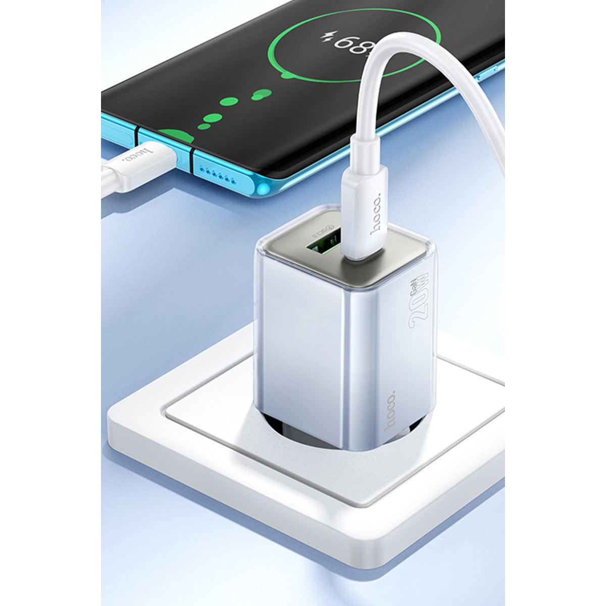 Hoco. N46 Glorious 1 Adet Type-C ve 1 Adet USB Çıkışlı Ekstra Type-C to Type-C Kablolu 20W PD Hızlı Şarj Aleti