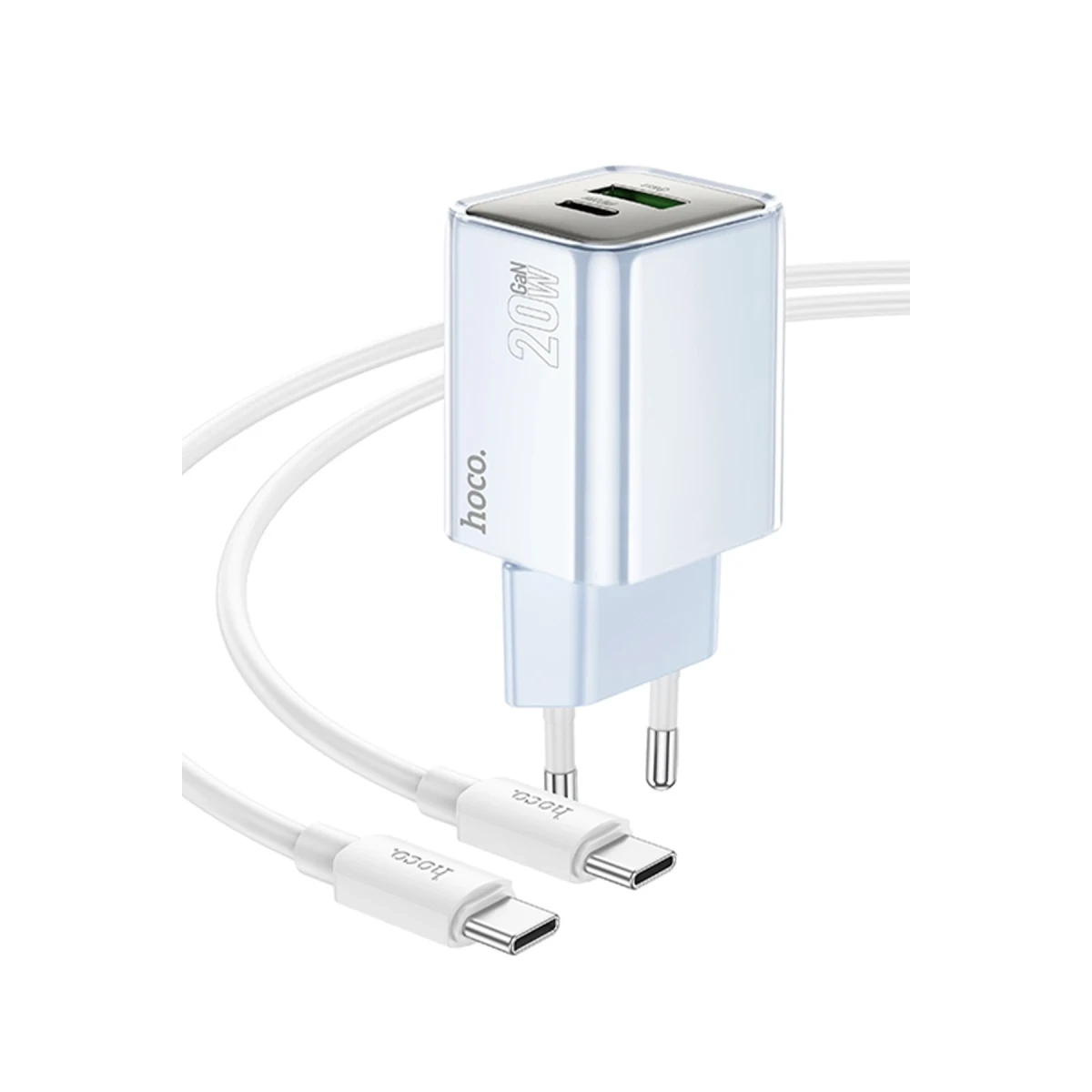 Hoco. N46 Glorious 1 Adet Type-C ve 1 Adet USB Çıkışlı Ekstra Type-C to Type-C Kablolu 20W PD Hızlı Şarj Aleti - Mavi