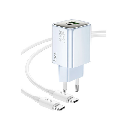 Hoco. N46 Glorious 1 Adet Type-C ve 1 Adet USB Çıkışlı Ekstra Type-C to Type-C Kablolu 20W PD Hızlı Şarj Aleti - Mavi