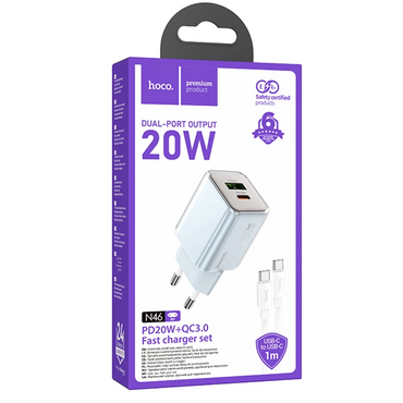 Hoco. N46 Glorious 1 Adet Type-C ve 1 Adet USB Çıkışlı Ekstra Type-C to Type-C Kablolu 20W PD Hızlı Şarj Aleti - Mavi
