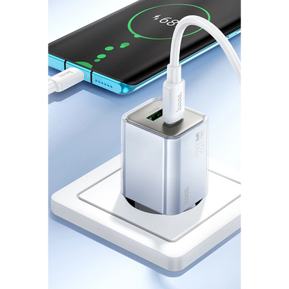 Hoco. N46 Glorious 1 Adet Type-C ve 1 Adet USB Çıkışlı Ekstra Type-C to Type-C Kablolu 20W PD Hızlı Şarj Aleti - Mavi