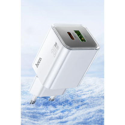 Hoco. N46 Glorious 1 Adet Type-C ve 1 Adet USB Çıkışlı Ekstra Type-C to Type-C Kablolu 20W PD Hızlı Şarj Aleti - Mavi